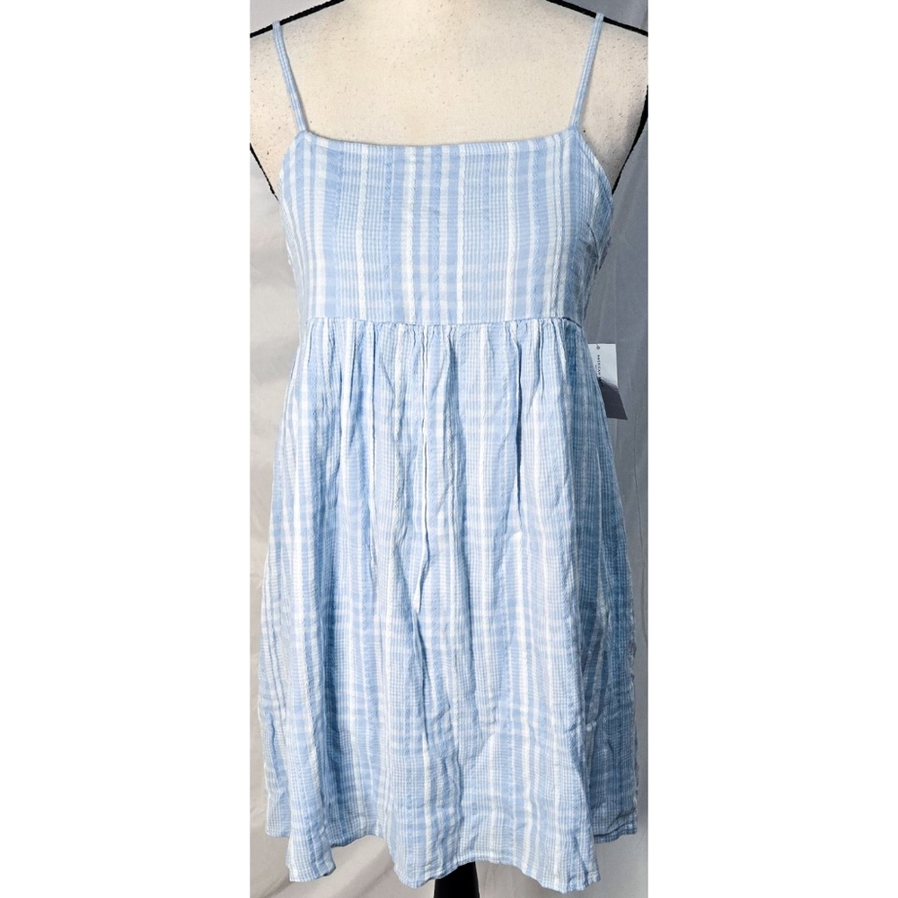 American Eagle Outfitters Mini Dress Babydoll Blue White Plaid Sundress Bow